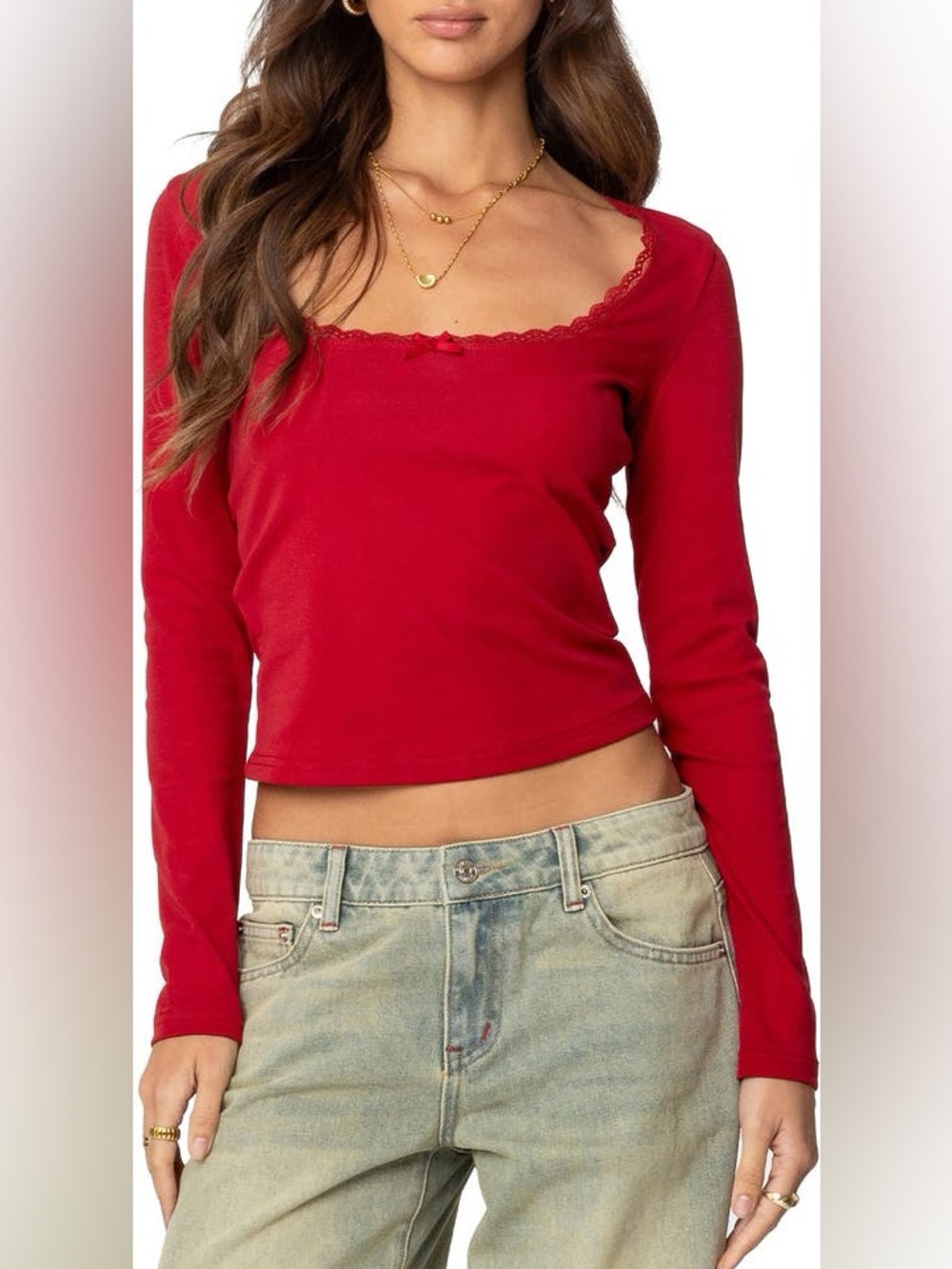 Edikted Mora Lace Trim Knit Top in Red | Small